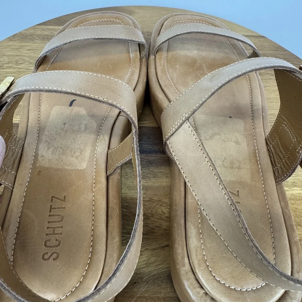 Womens Schutz Wavy Ankle Strap Brown Leather Platform Casual Sandals Size 10.5 B